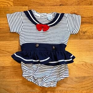 Babycrest Vintage Baby 3 6 M Blue White Stripe Ruffle Bow Nautical Sailor Onesie